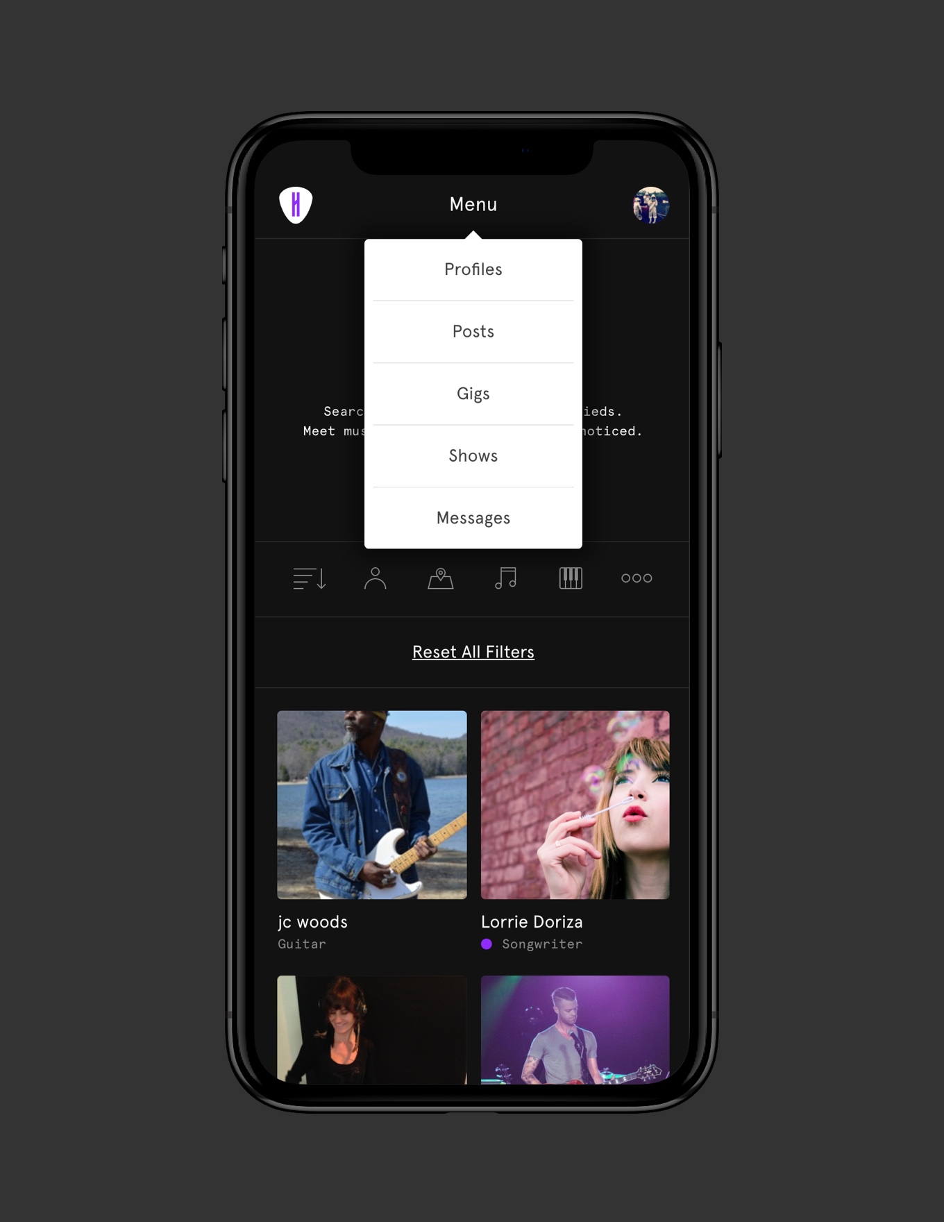 Browsing profiles / dropdown menu / filters.
