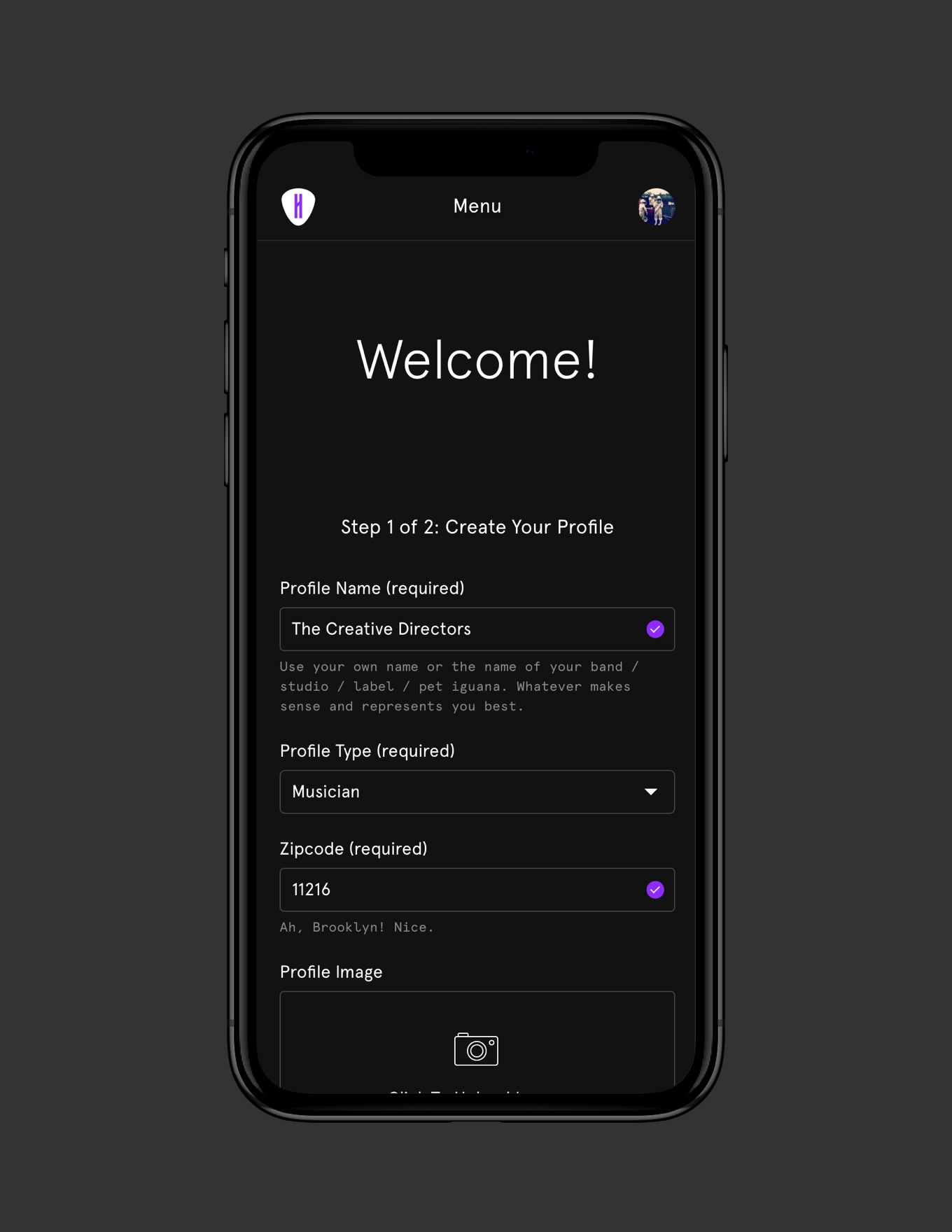 Profile creation / onboarding step 1.