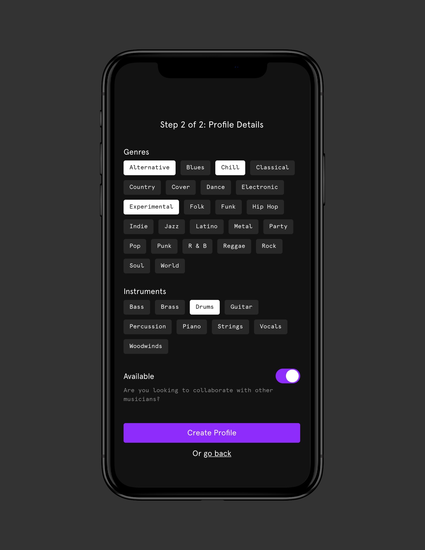 Profile creation / onboarding step 2.