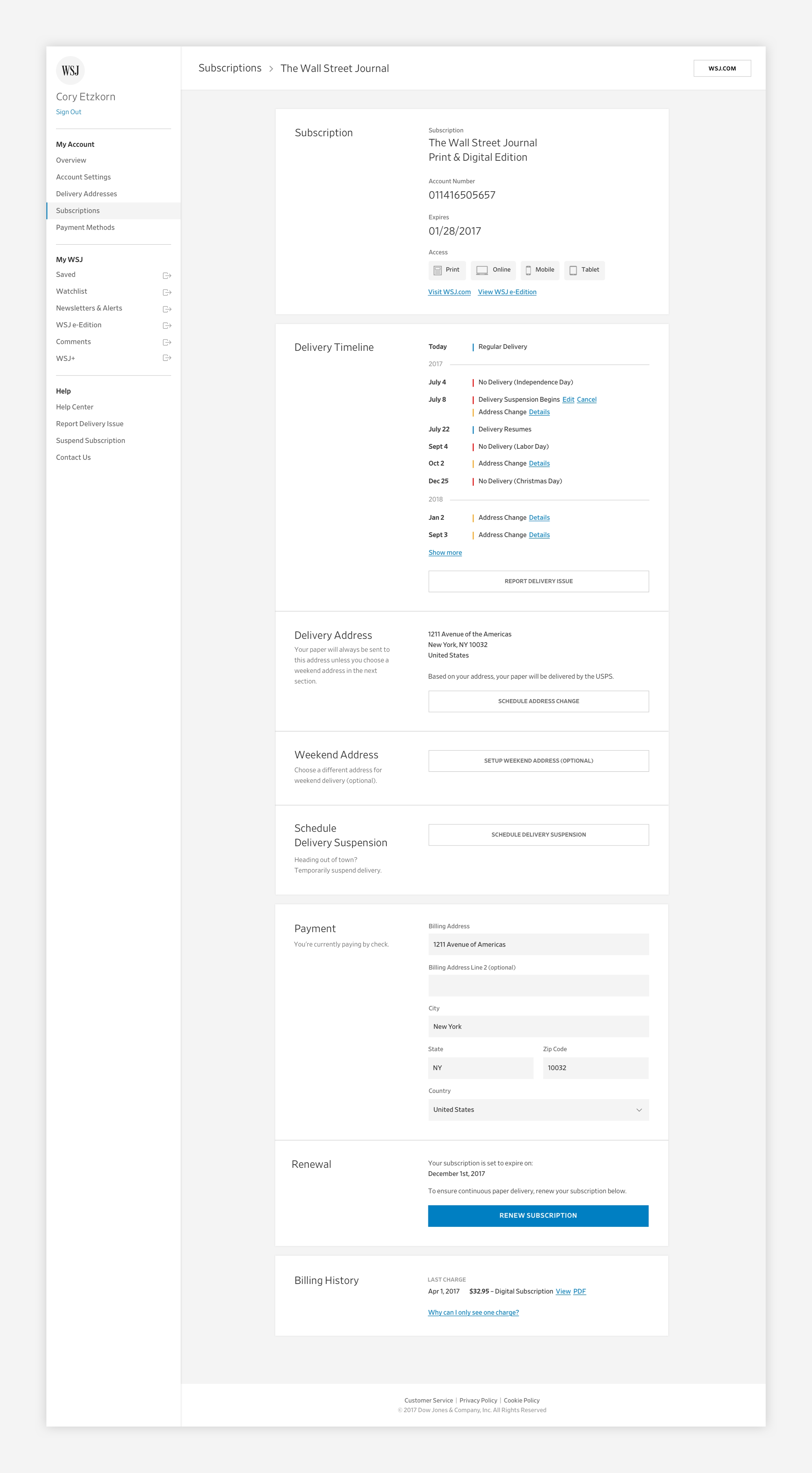 WSJ Customer Center – subscriptions tab.
