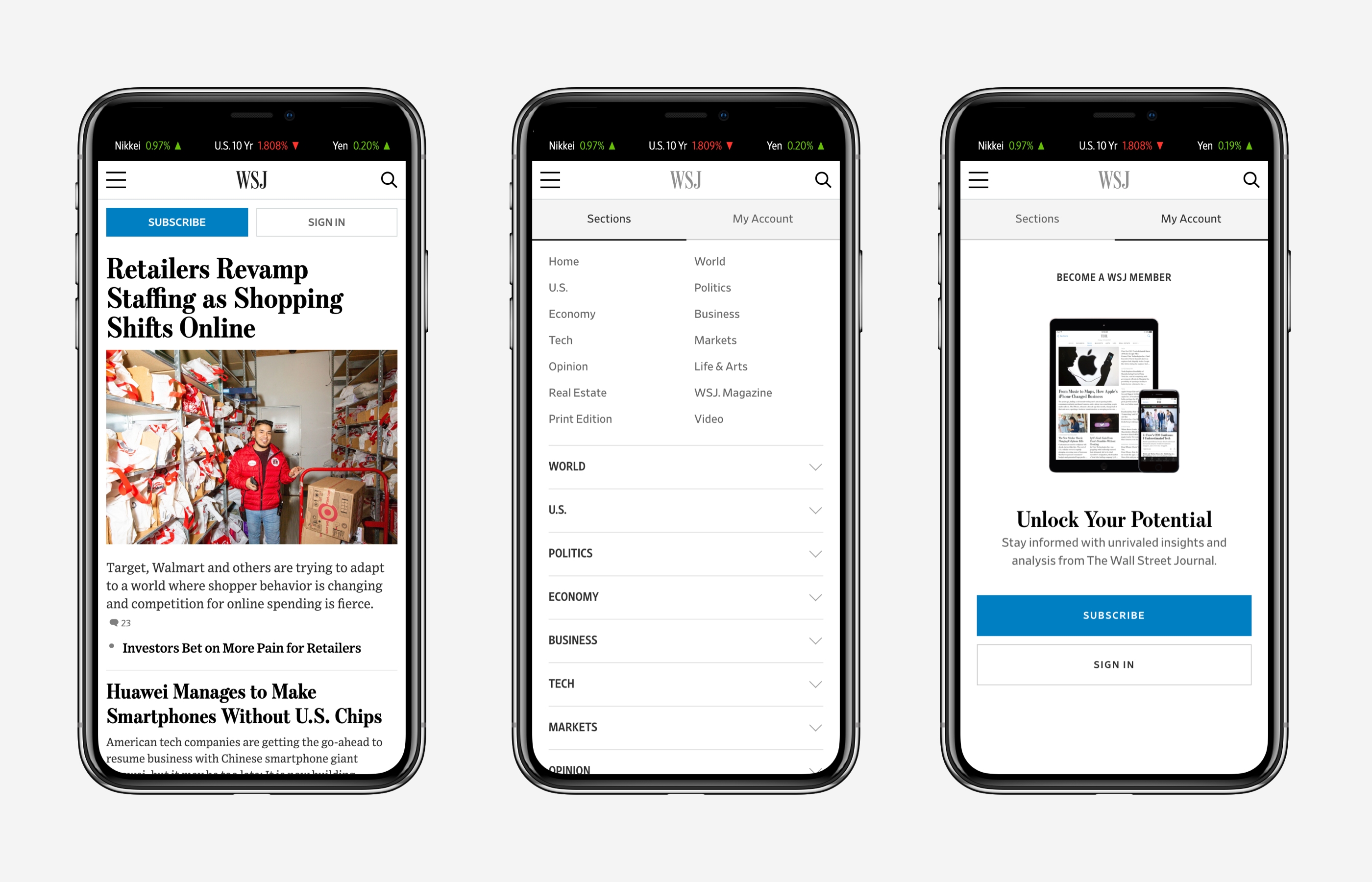 Redesigned WSJ.com mobile navigation.