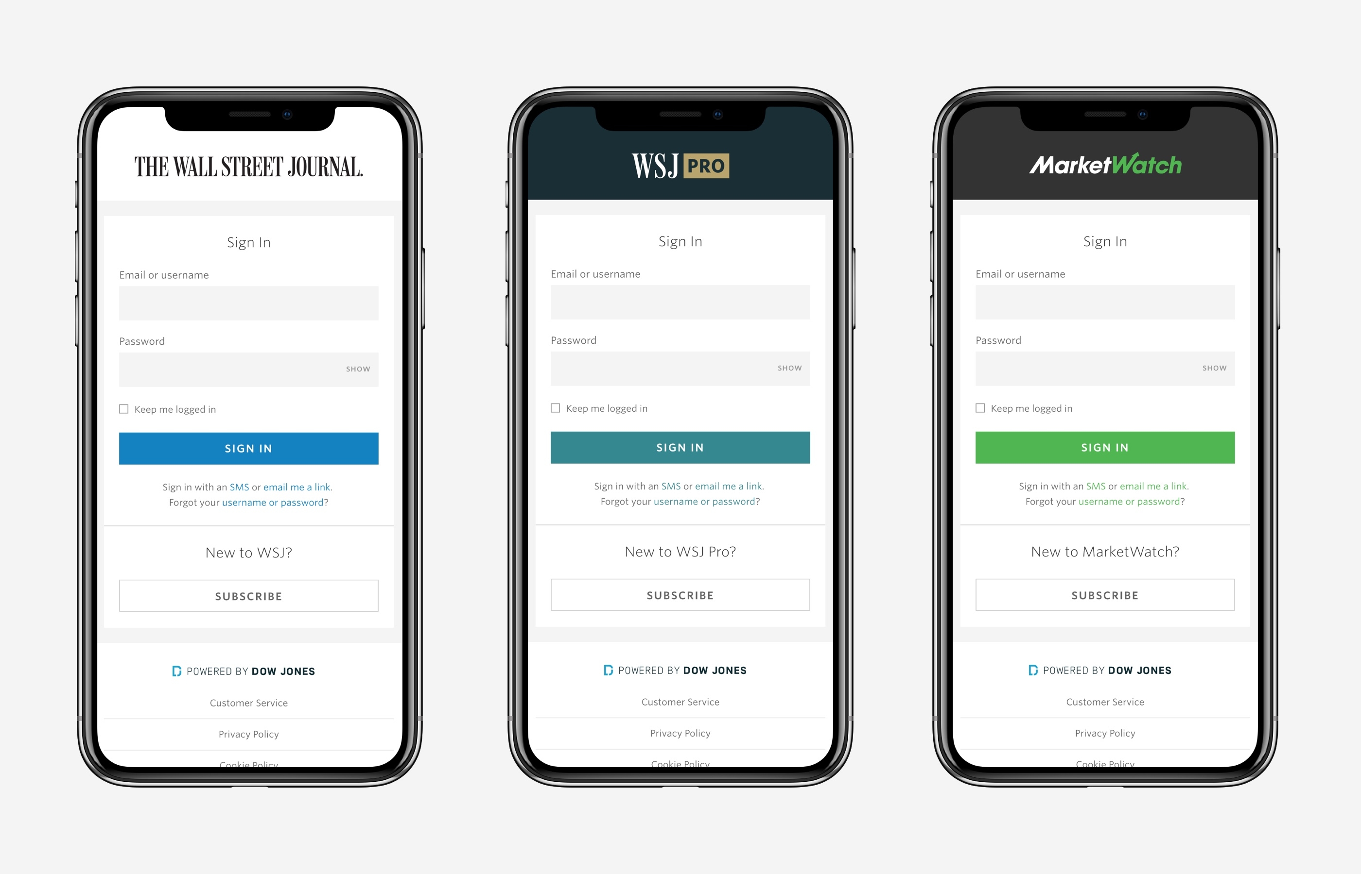Sign-on pages with various brand themes applied.